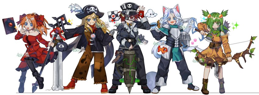 5girls, \m/, absurdres, animal_ears, anna_(epic_battle_fantasy), aperture_science_weighted_companion_cube, armor, axe, bare_shoulders, black_footwear, black_headwear, black_jacket, black_necktie, black_pants, black_pantyhose, blonde_hair, blue_eyes, boots, bow_(weapon), braid, breasts, brown_footwear, brown_pants, cameo, cat_ears, cat_tail, coin, coin_on_string, collared_shirt, detached_sleeves, dress, epic_battle_fantasy, eyepatch, fang, fingerless_gloves, food, formal_clothes, full_body, genderswap, genderswap_(mtf), gloves, green_hair, gun, hair_over_one_eye, hat, hatchet_(axe), helmet, highres, holding, holding_axe, holding_bow_(weapon), holding_unworn_helmet, holding_staff, holding_sword, holding_weapon, hook_hand, jacket, juicy_beast, kamaboko, koi, lance_(epic_battle_fantasy), large_breasts, long_hair, long_sleeves, matt_(epic_battle_fantasy), medium_dress, military_hat, military_uniform, multiple_girls, narutomaki, natalie_(epic_battle_fantasy), necktie, nolegs_(epic_battle_fantasy), orange_hair, pant_suit, pants, pantyhose, parted_bangs, patch, personification, pirate_hat, planted, planted_sword, planted_weapon, portal_(series), red_dress, red_footwear, red_gloves, red_hair, shirt, simple_background, small_breasts, staff, standing, strapless, strapless_dress, suit, swastika, sword, tail, unworn_headwear, unworn_helmet, watermark, weapon, white_background, white_hair, yellow_shirt