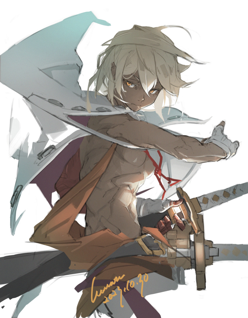 1girl, abs, absurdres, blonde_hair, breasts, cosplay, dark-skinned_female, dark_skin, fingerless_gloves, gloves, guilty_gear, guilty_gear_strive, hair_between_eyes, highres, jacket, katana, looking_at_viewer, medium_breasts, multiple_swords, muscular, muscular_female, nagoriyuki, open_clothes, open_jacket, ramlethal_valentine, samurai, short_hair, solo, sword, underboob, wawon_(wan_wawon), weapon, white_gloves