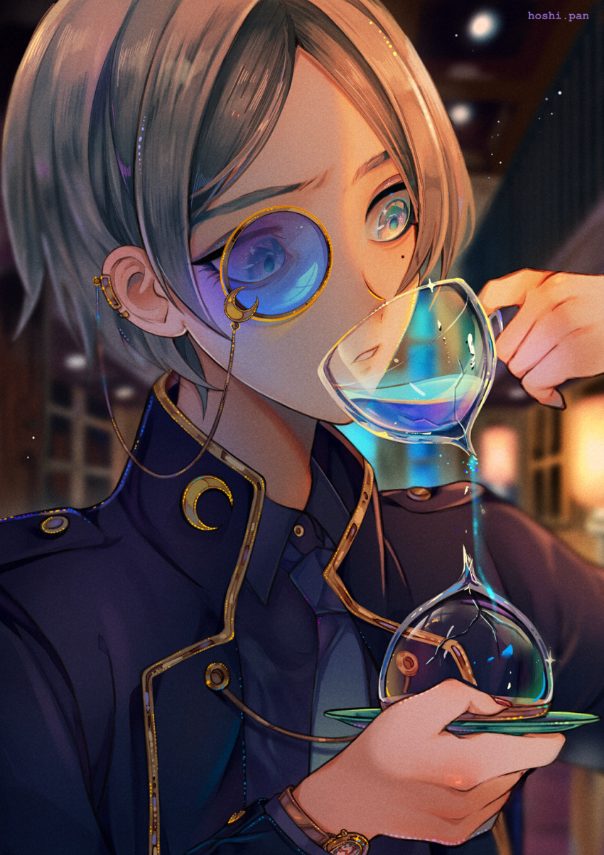 1boy, artist_name, blue-tinted_eyewear, blue_eyes, blue_jacket, blue_shirt, broken_hourglass, buttons