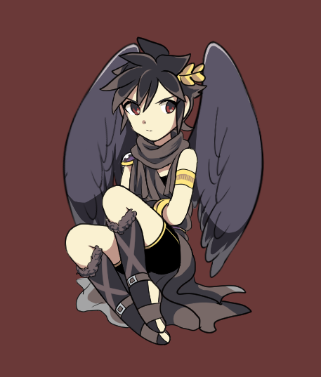 1boy, angel, angel_wings, armlet, black_hair, black_scarf, brown_background, commentary_request