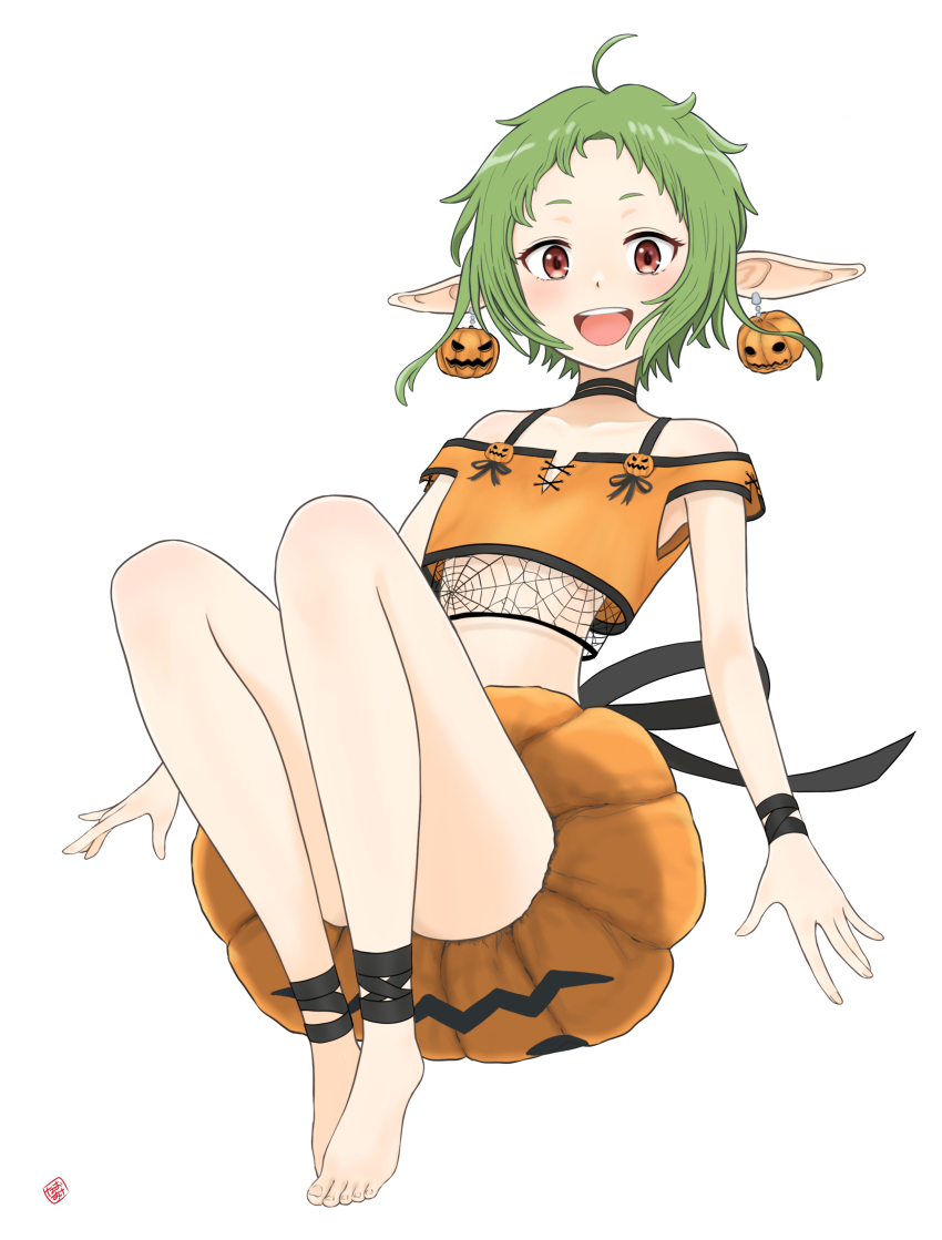 1girl, absurdres, ankle_ribbon, barefoot, black_choker, black_ribbon, choker, commentary, cropped_shirt, earrings, floating, green_hair, halloween, halloween_costume, highres, jack-o'-lantern, jack-o'-lantern_earrings, jewelry, knees_up, leg_ribbon, looking_at_viewer, midriff, mushoku_tensei, nao_suke, off-shoulder_shirt, off_shoulder, open_mouth, orange_shirt, orange_skirt, pointy_ears, pumpkin_skirt, red_eyes, ribbon, shirt, short_hair, simple_background, skirt, smile, solo, sylphiette_(mushoku_tensei), white_background