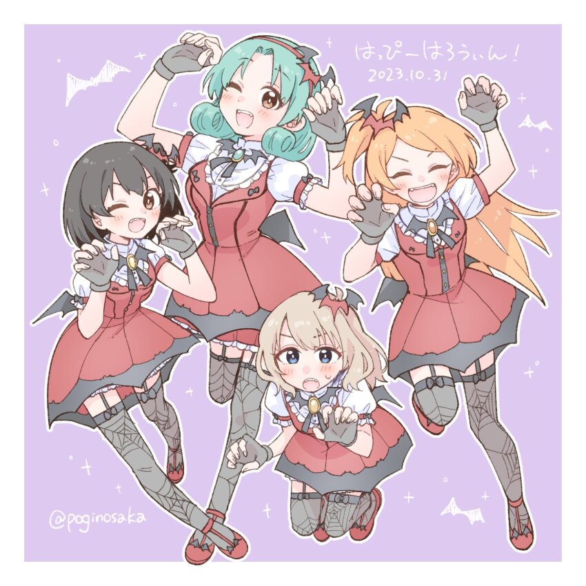 4girls, bat_hair_ornament, black_bow, black_bowtie, black_gloves, black_hair, black_thighhighs, blue_eyes