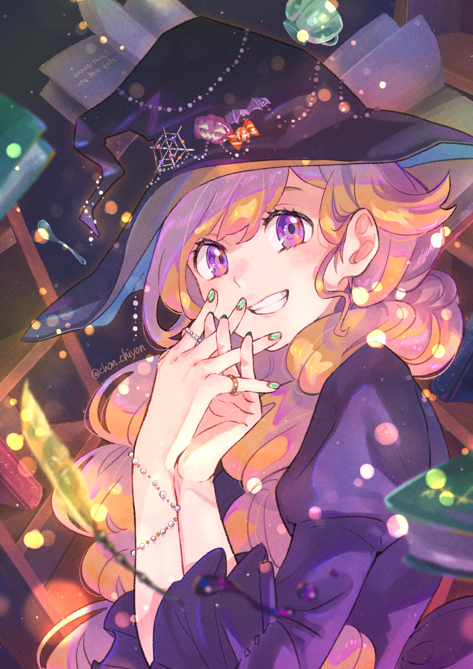 1girl, black_dress, black_hat, blurry, bokeh, candy, chon_chiyon, commentary