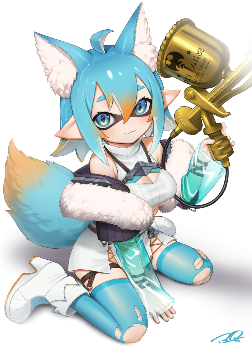 1girl, :3, aerospray_(splatoon), ahoge, animal_ears, armpit_crease, belt, between_breasts, blue_eyes, blue_hair, boots, breasts, capelet, cleavage, commission, dot_nose, double-parted_bangs, fox_ears, fur-trimmed_capelet, fur_trim, gun, high_heel_boots, high_heels, highres, holding, holding_gun, holding_weapon, inkling, inkling_girl, inkling_player_character, large_breasts, multicolored_hair, nintendo, orange_hair, pointy_ears, puchiman, short_hair, sidelocks, signature, solo, splatoon_(series), tail, thighhighs, torn_clothes, torn_thighhighs, two-tone_hair, weapon, white_boots