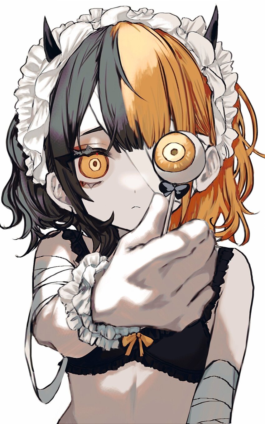 1girl, aegyo_sal, bandaged_arm, bandaged_head, bandages, black_bra, black_hair, bra