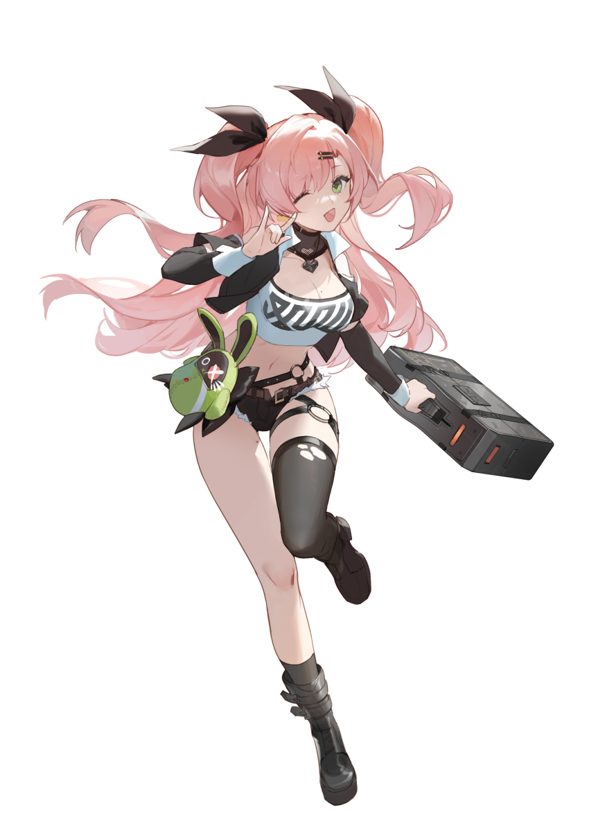 1girl, ;d, absurdres, asymmetrical_legwear, black_boots, black_jacket, black_ribbon, black_socks