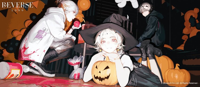 1boy, 1girl, 1other, apple, balloon_animal, balloon_party, fake_blood, food