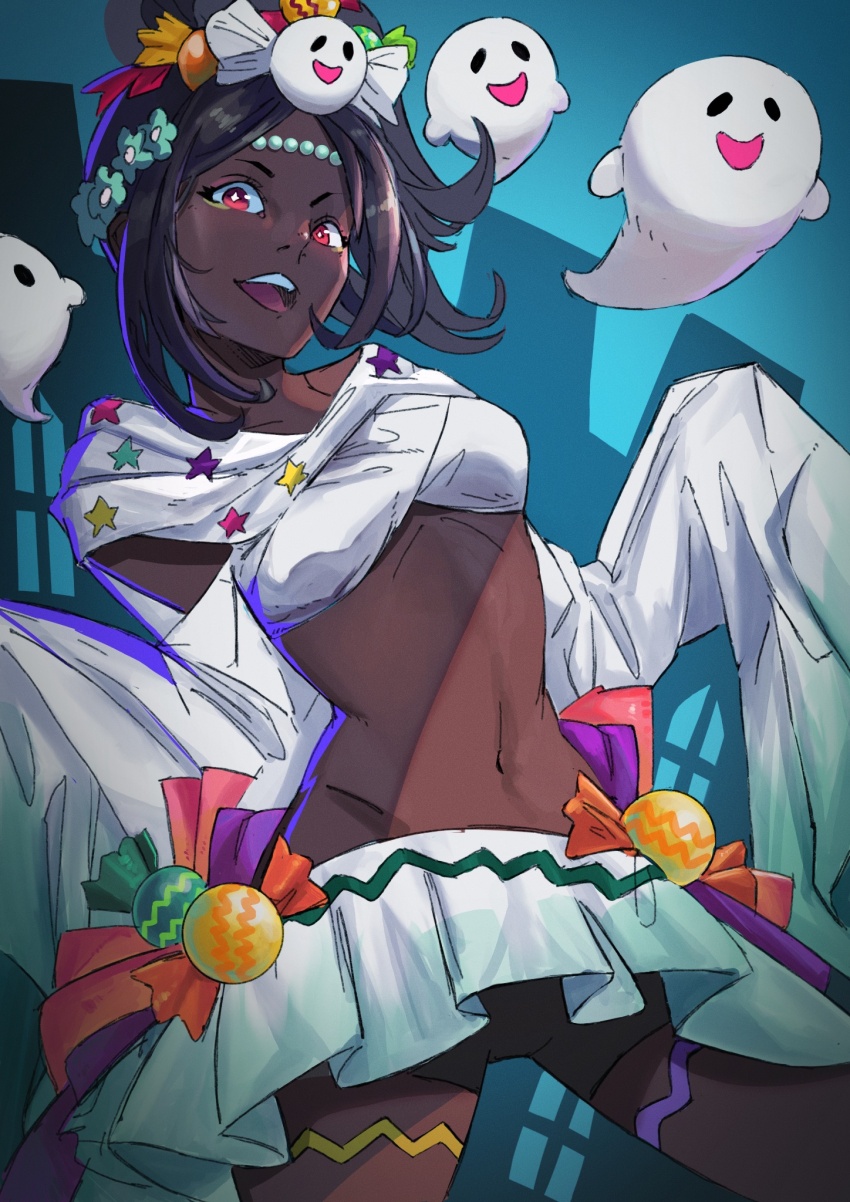 1girl, bike_shorts, bike_shorts_under_skirt, black_shorts, brown_hair, candy_hair_ornament, cowboy_shot, crop_top