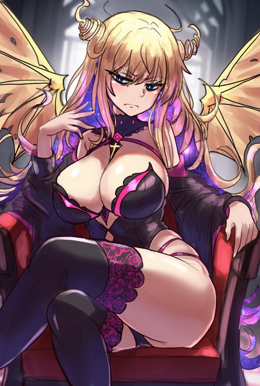 1girl, absurdres, armchair, black_leotard, black_sleeves, black_thighhighs, blonde_hair, blue_eyes, blurry, blurry_background, breasts, bright_pupils, chair, cleavage, colored_inner_hair, commentary, coronzon_(toaru), crossed_legs, demon_girl, demon_wings, detached_collar, detached_sleeves, ebora, english_commentary, frown, glaring, hair_between_eyes, highres, indoors, lace, lace-trimmed_legwear, lace_trim, large_breasts, leotard, long_hair, looking_at_viewer, multicolored_hair, sitting, sky, solo, spoilers, star_(sky), starry_sky, strapless, strapless_leotard, thighhighs, thighs, toaru_majutsu_no_index, toaru_majutsu_no_index:_new_testament, wings