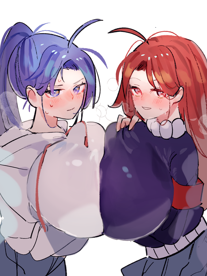 2girls, ahoge, armband, blue_eyes, blue_hair, blush, breast_press, breasts