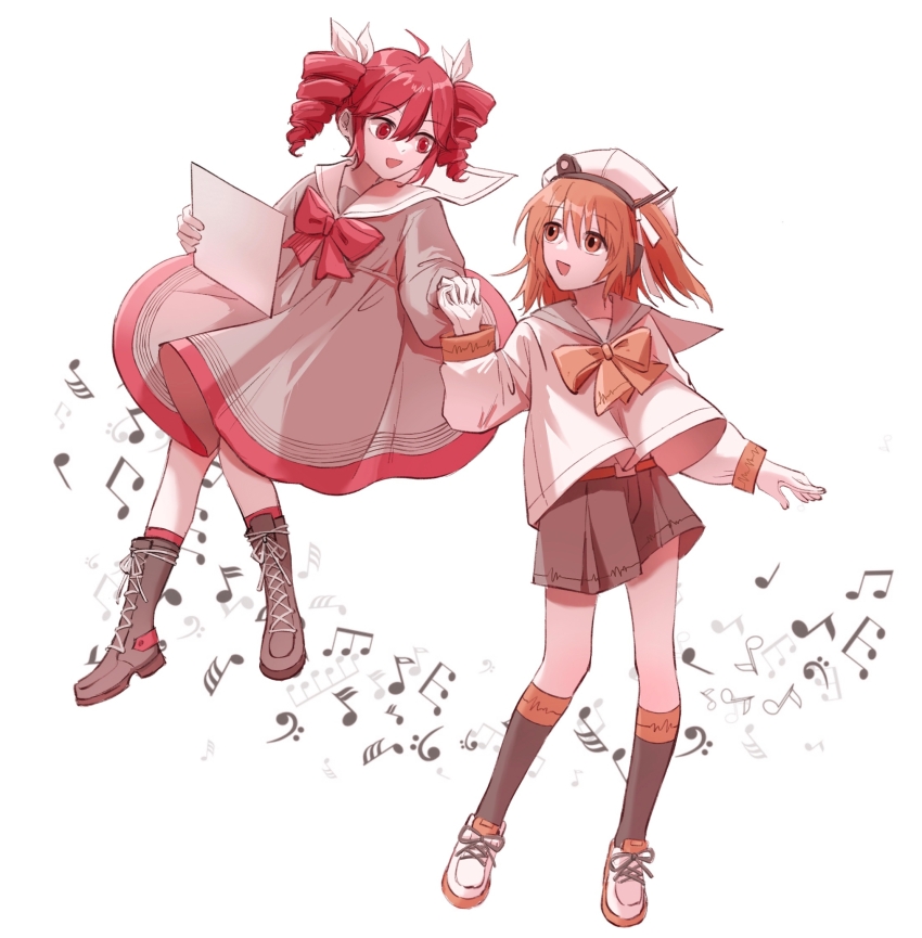 2girls, a.i._voice, adachi_rei, adapted_costume, ahoge, bass_clef, beamed_eighth_notes, black_socks