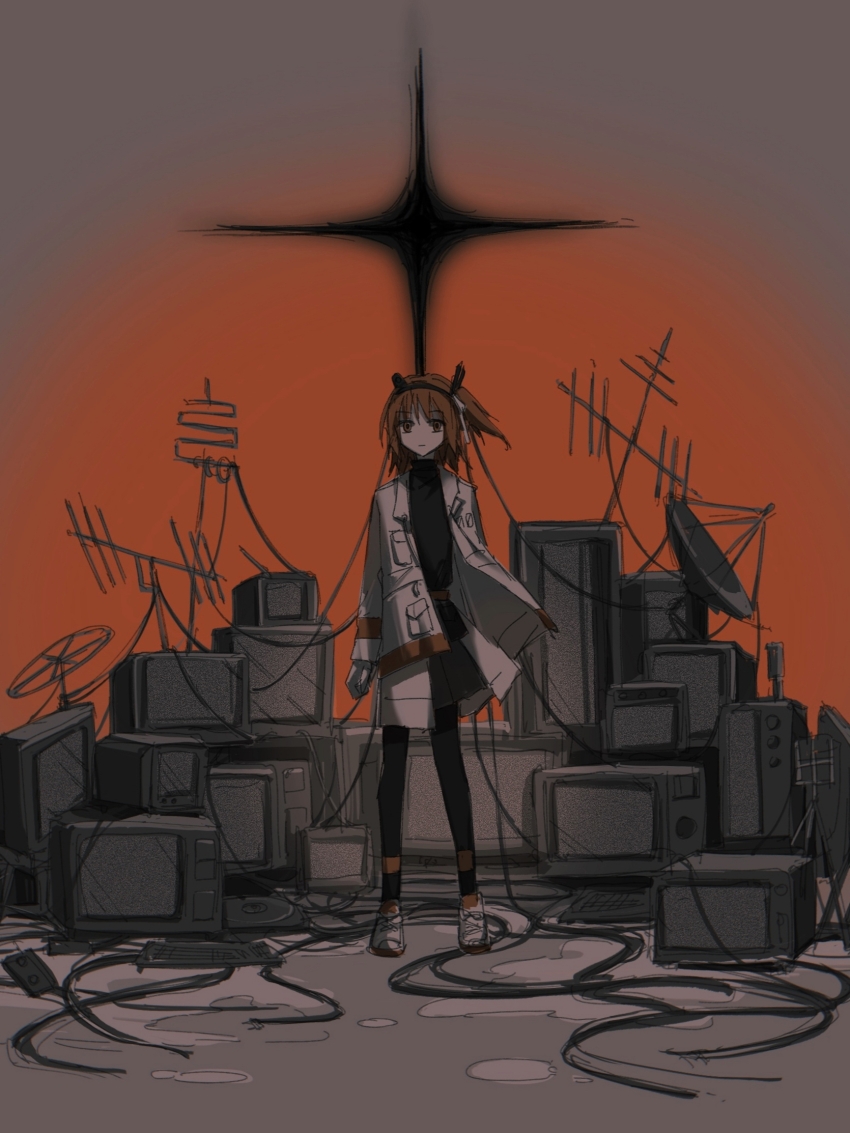 1girl, a.i._voice, adachi_rei, arms_at_sides, belt, black_pantyhose, black_shirt, black_skirt, cable, cangshu_zhezhezi, closed_mouth, computer, crt, expressionless, floating_hair, gloves, highres, jacket, junk, computer_keyboard, looking_at_viewer, netsu_ijou_(utau), orange_belt, orange_eyes, orange_hair, overskirt, pantyhose, radio_antenna, satellite_dish, shirt, shoes, skirt, sneakers, solo, standing, static, television, turtleneck, utau, white_gloves, white_jacket, wide_shot, wind