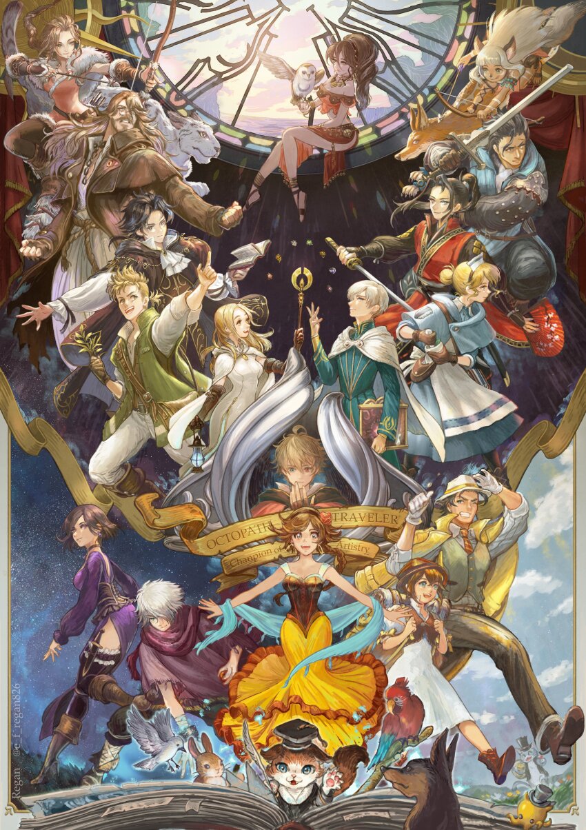 6+boys, 6+girls, absurdres, agnea_bristarni, alfyn_greengrass, ashlan_(octopath_traveler), book, bow_(weapon), castti_florenz, copyright_name, cyrus_albright, everyone, h'aanit_(octopath_traveler), hat, highres, hikari_ku, looking_at_viewer, multiple_boys, multiple_girls, ochette_(octopath_traveler), octopath_traveler, octopath_traveler:_champions_of_the_continent, octopath_traveler_i, octopath_traveler_ii, olberic_eisenberg, ophilia_clement, osvald_v._vanstein, partitio_yellowil, primrose_azelhart, regan_(hatsumi), smile, staff, stained_glass, sword, temenos_mistral, therion_(octopath_traveler), throne_anguis, tressa_(octopath_traveler), tressa_colzione, weapon