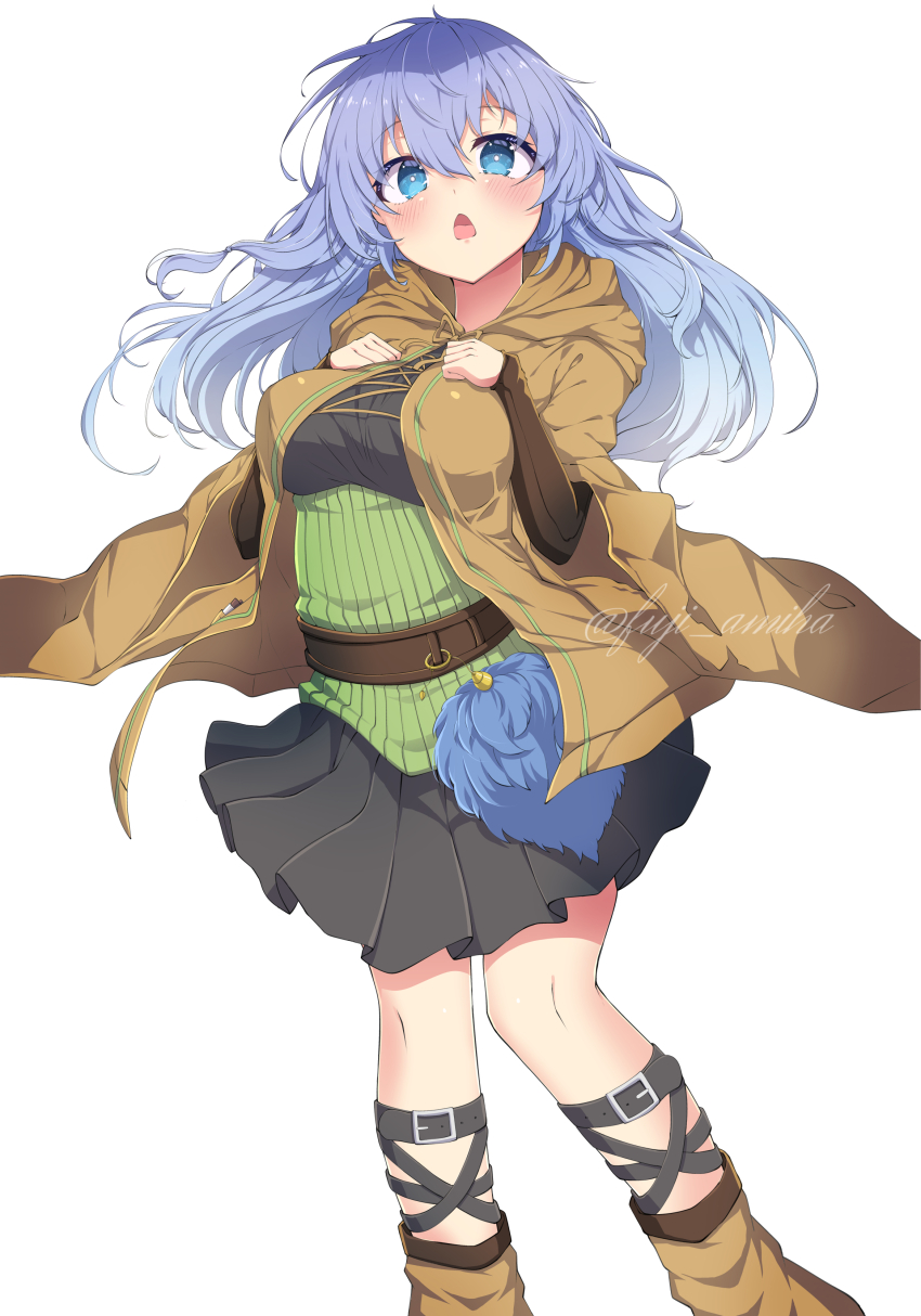 1girl, absurdres, blue_eyes, blue_hair, blush, breasts, brown_robe, duel_monster, eria_(yu-gi-oh!), eria_the_water_charmer, fuji_amiha, highres, hooded_robe, large_breasts, leg_belt, long_hair, looking_at_viewer, open_clothes, open_mouth, open_robe, robe, skirt, solo, yu-gi-oh!