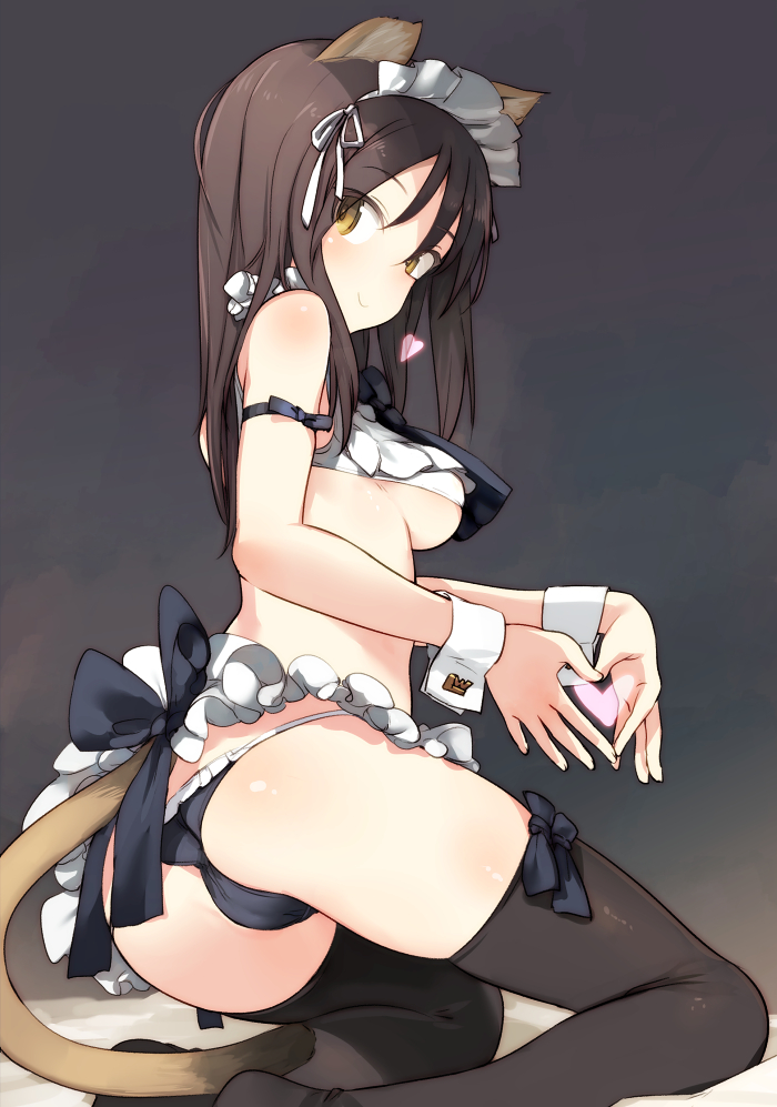 1girl, animal_ears, arm_ribbon, ass, bare_shoulders, black_bow, black_panties, black_ribbon, black_thighhighs, bow, breasts, brown_hair, cat_ears, cat_girl, cat_tail, eleonore_giovanna_gassion, heart, heart_hands, long_hair, looking_at_viewer, luminous_witches, maid_headdress, medium_breasts, panties, ribbon, shimada_fumikane, smile, solo, tail, thighhighs, underwear, world_witches_series, wrist_cuffs
