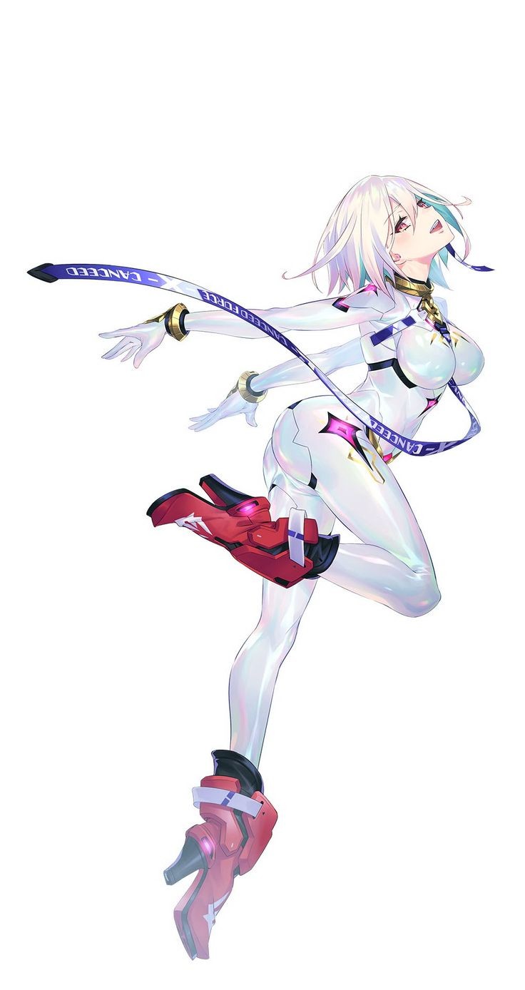 artist_request, bob_cut, bodysuit, breasts, from_side, giselle_(idola), high_heels, highres, idola_phantasy_star_saga, jumping, large_breasts, midair, phantasy_star, phantasy_star_online_2, short_hair, skin_tight, white_hair