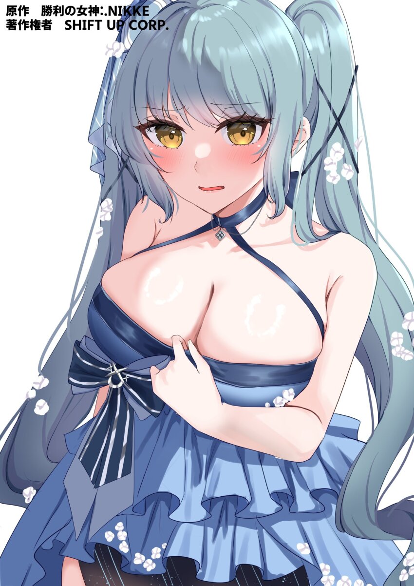 1girl, blue_dress, blue_hair, blush, breasts, cleavage, dress, dress_tug