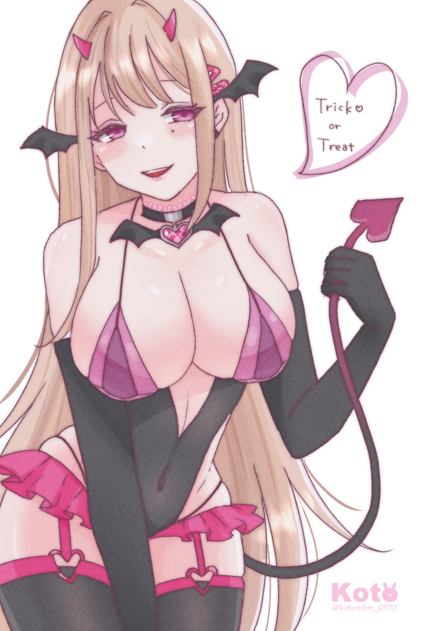 :d, black_gloves, black_leotard, breasts, demon_girl, demon_tail, elbow_gloves, gloves