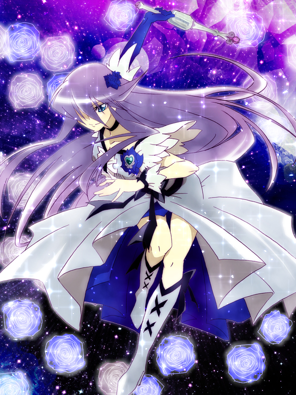 10s, 1girl, asymmetrical_clothes, black_neckwear, blue_eyes, blue_flower, blue_rose, boots