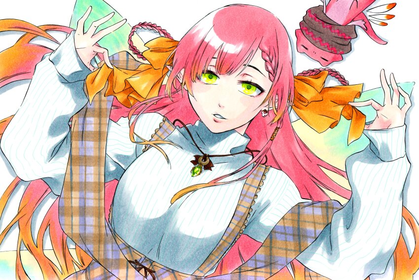 1girl, absurdres, animal, asymmetrical_hair, braid, braided_bangs, cottage_project, earrings