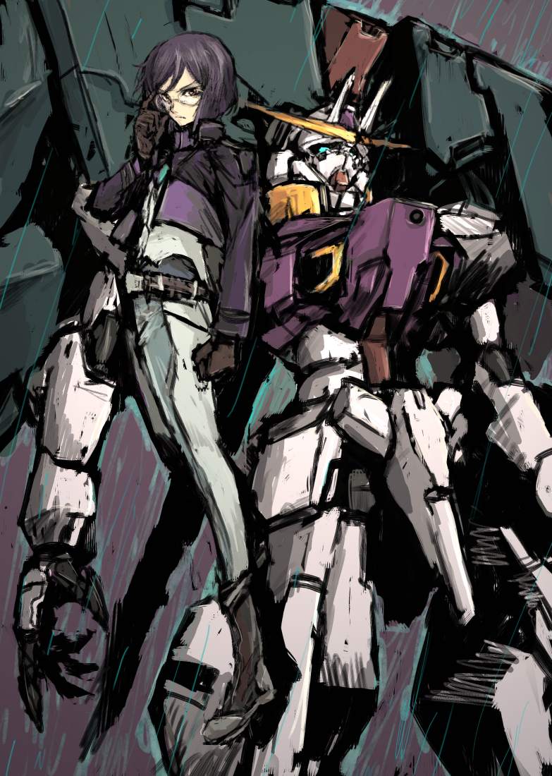 00s, 1boy, adjusting_eyewear, belt, boots, glasses, gloves, gundam