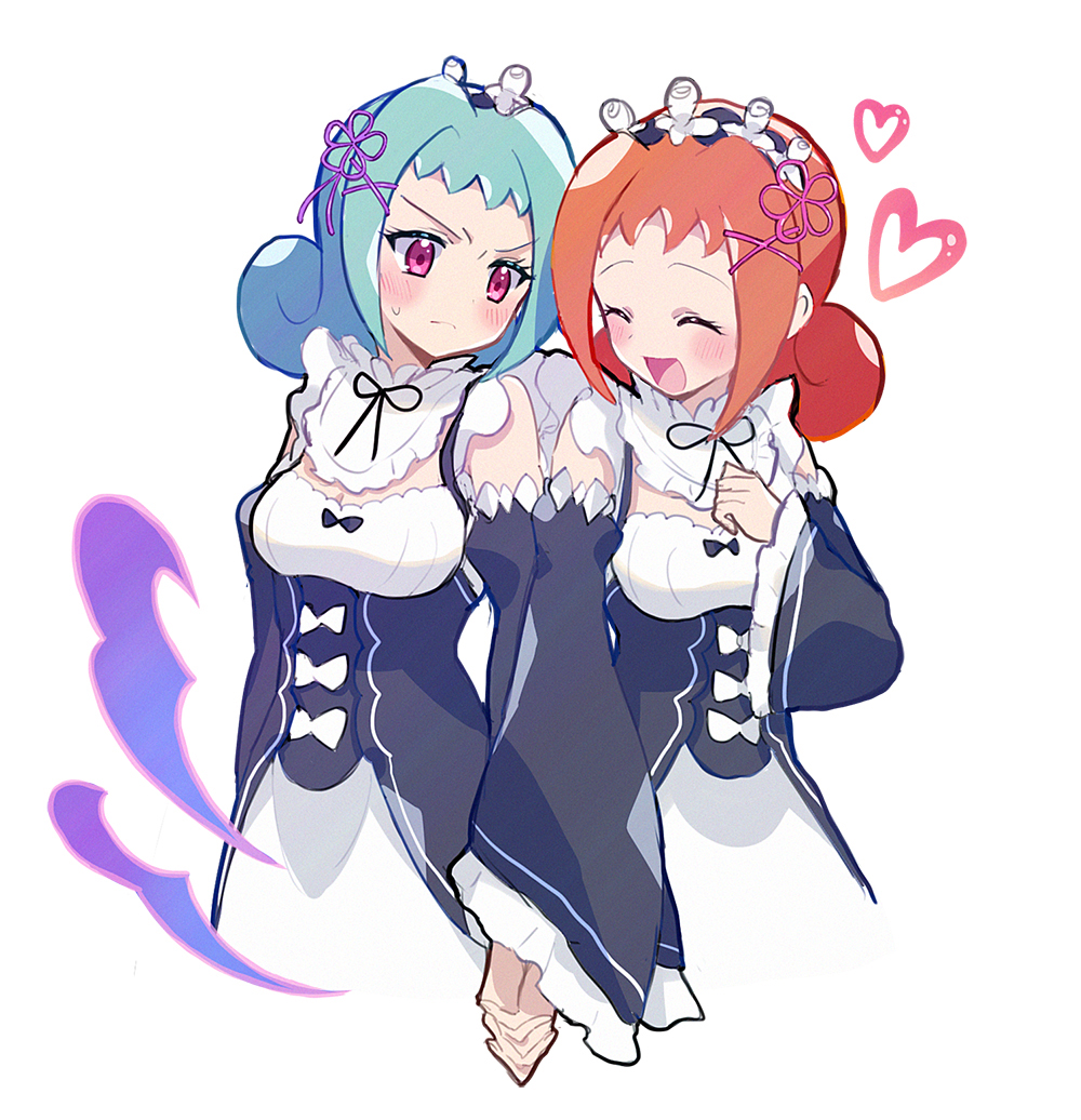 2girls, ally_(puyopuyo), alternate_costume, black_ribbon, blue_hair, blush, breasts, cleavage