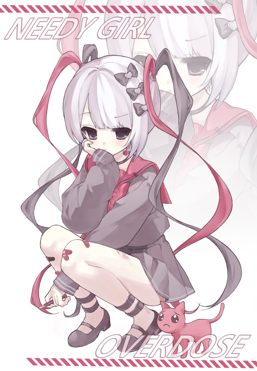 1girl, absurdres, alternate_color, anone_(00x02), bandaid, bandaid_on_knee, bandaid_on_leg, bandaid_on_neck, black_bow, black_eyes, black_hair, black_serafuku, black_shirt, black_shoes, black_skirt, bow, boxcutter, cat, chouzetsusaikawa_tenshi-chan, chouzetsusaikawa_tenshi-chan_(dark_angel), closed_mouth, copyright_name, cuts, emoji, frown, full_body, hair_bow, hair_ornament, hand_on_own_cheek, hand_on_own_face, hand_up, heart, heart_hair_ornament, highres, holding, holding_boxcutter, injury, long_hair, long_sleeves, looking_at_viewer, multicolored_hair, needy_girl_overdose, pien_cat_(needy_girl_overdose), pleading_face_emoji, pleated_skirt, quad_tails, red_hair, red_sailor_collar, sailor_collar, scar, school_uniform, self-harm, self-harm_scar, serafuku, shirt, shoes, skirt, solo, squatting, twintails, very_long_hair, white_background, white_hair, zoom_layer