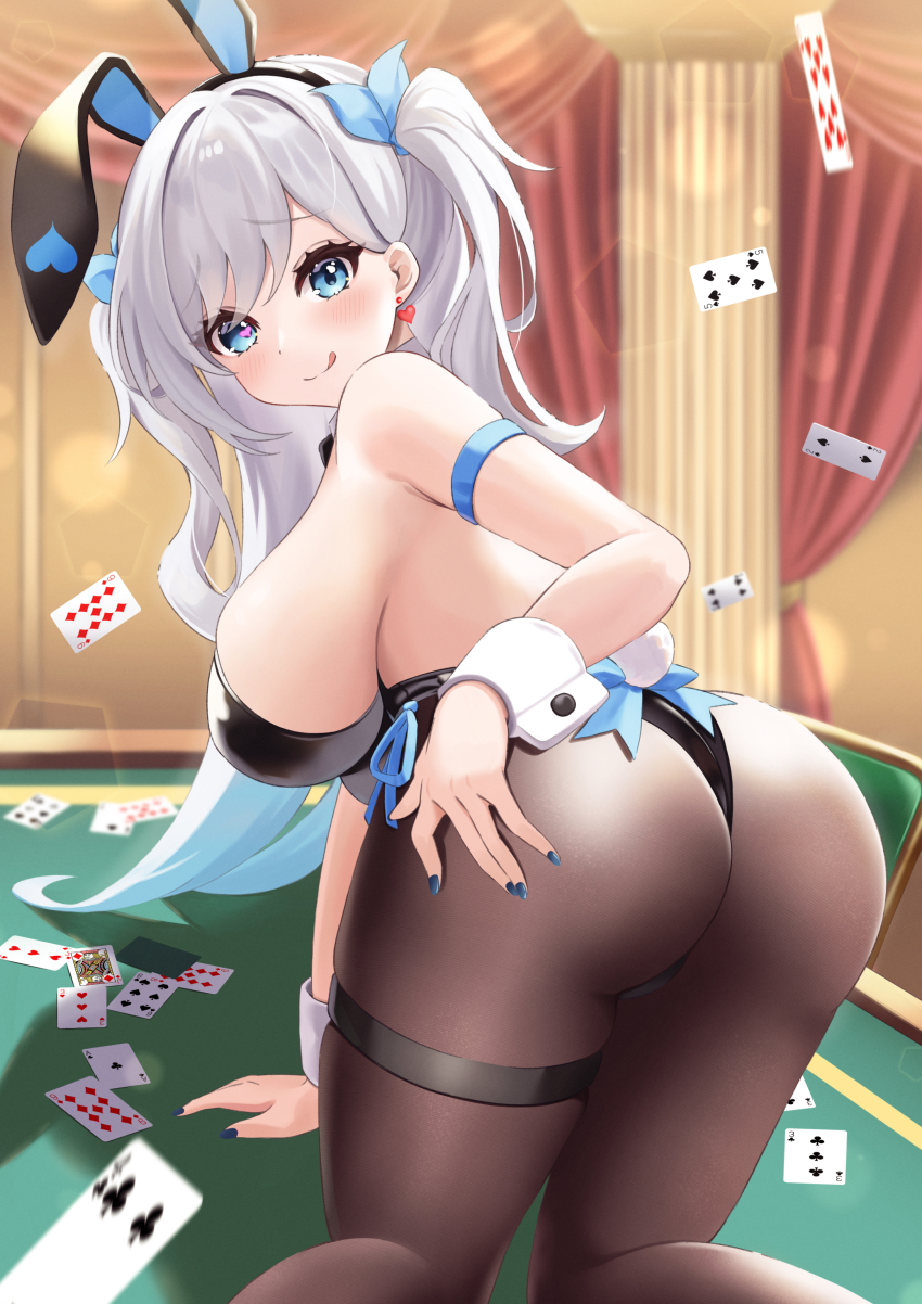 1girl, :q, absurdres, ace_(playing_card), ace_of_clubs, animal_ears, ass, black_bow