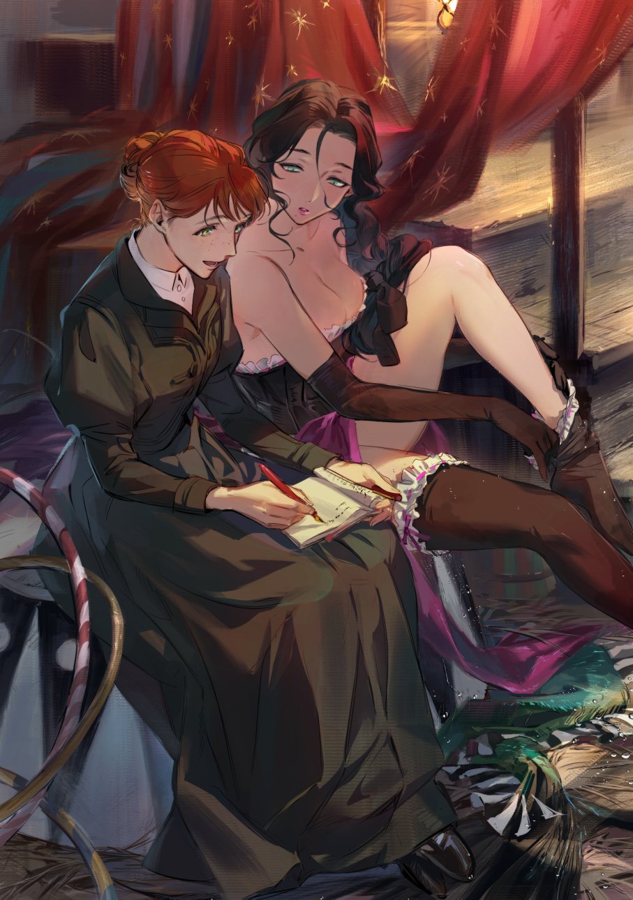 2girls, bare_shoulders, black_dress, black_footwear, black_gloves, black_hair, black_thighhighs, book