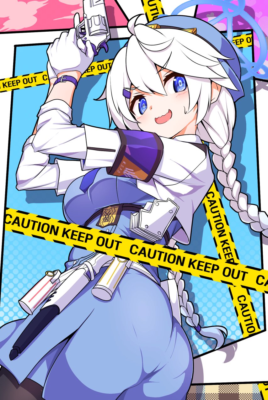 1girl, armband, ass, black_pantyhose, blue_archive, blue_background, blue_halo, blue_headwear