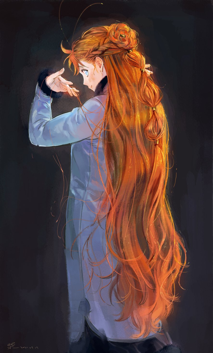 1girl, adjusting_hair, antenna_hair, artist_name, between_fingers, black_dress, blue_eyes, blush