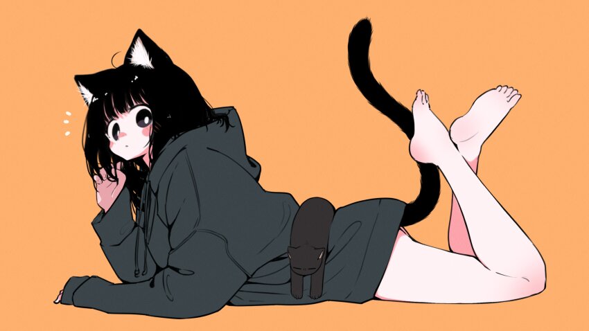 1girl, absurdres, ahoge, animal_ear_fluff, animal_ears, arm_support, bare_legs, barefoot, black_cat, black_eyes, black_hair, blunt_bangs, blush, blush_stickers, cat, cat_ears, cat_girl, cat_tail, crossed_legs, feet, from_side, full_body, grey_hoodie, hand_in_own_hair, highres, hood, hoodie, kuro_(uchi_no_kuroneko_onnanoko), legs, looking_at_viewer, lying, megateru, no_pants, nose_blush, notice_lines, on_stomach, orange_background, oversized_clothes, parted_lips, soles, solo, tail, tareme, the_pose, thighs, uchi_no_kuroneko_onnanoko