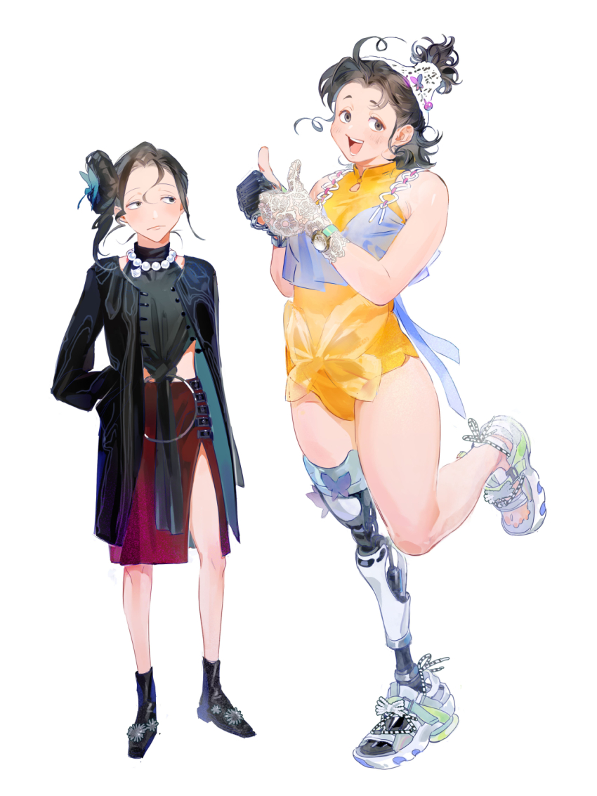 2girls, :d, amputee, ankle_boots, arm_behind_back, bare_shoulders, bead_necklace, beads