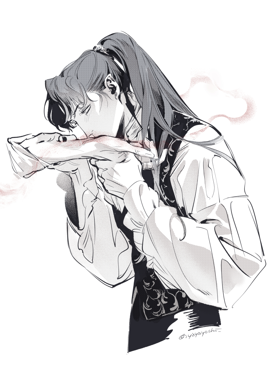 1boy, biting, biting_arm, bleeding, blood, blush, cropped_torso, hair_over_shoulder, hand_on_another's_arm, highres, holding_hands, kiss, kissing_hand, long_hair, long_sleeves, looking_at_another, male_focus, monochrome, nail_polish, original, out_of_frame, ponytail, profile, simple_background, smoke, solo_focus, spot_color, twitter_username, vampire, vest, wrinkled_skin, yayayoshi