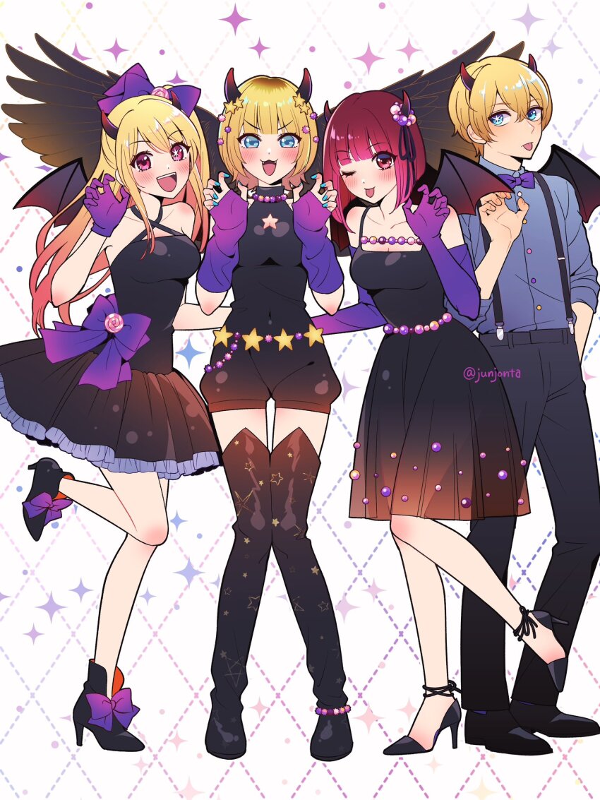 1boy, 3girls, arima_kana, black_dress, black_footwear, black_pants, blonde_hair, blue_eyes