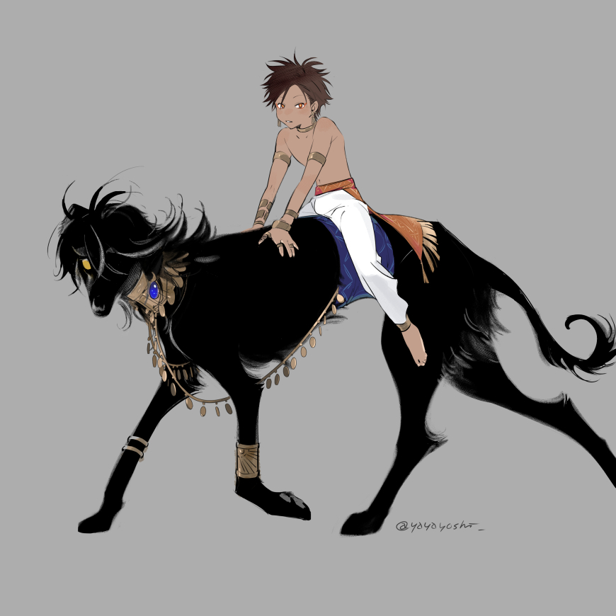 1boy, animal, animalization, armlet, barding, barefoot, blue_gem, blush