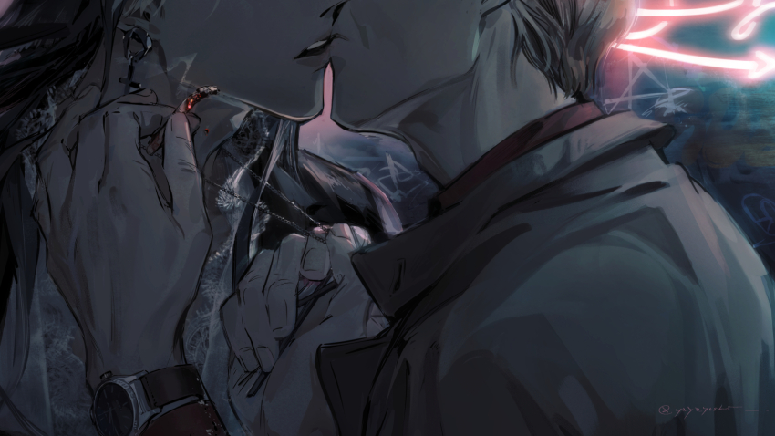 2boys, black_hair, black_jacket, blurry, blurry_background, cigarette, closed_mouth, coat