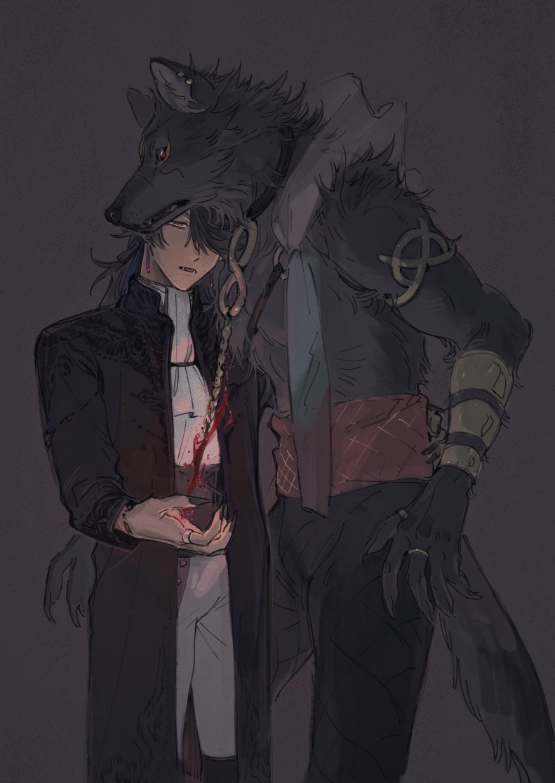 2boys, arm_guards, armlet, ascot, black_hair, black_jacket, black_nails, blood