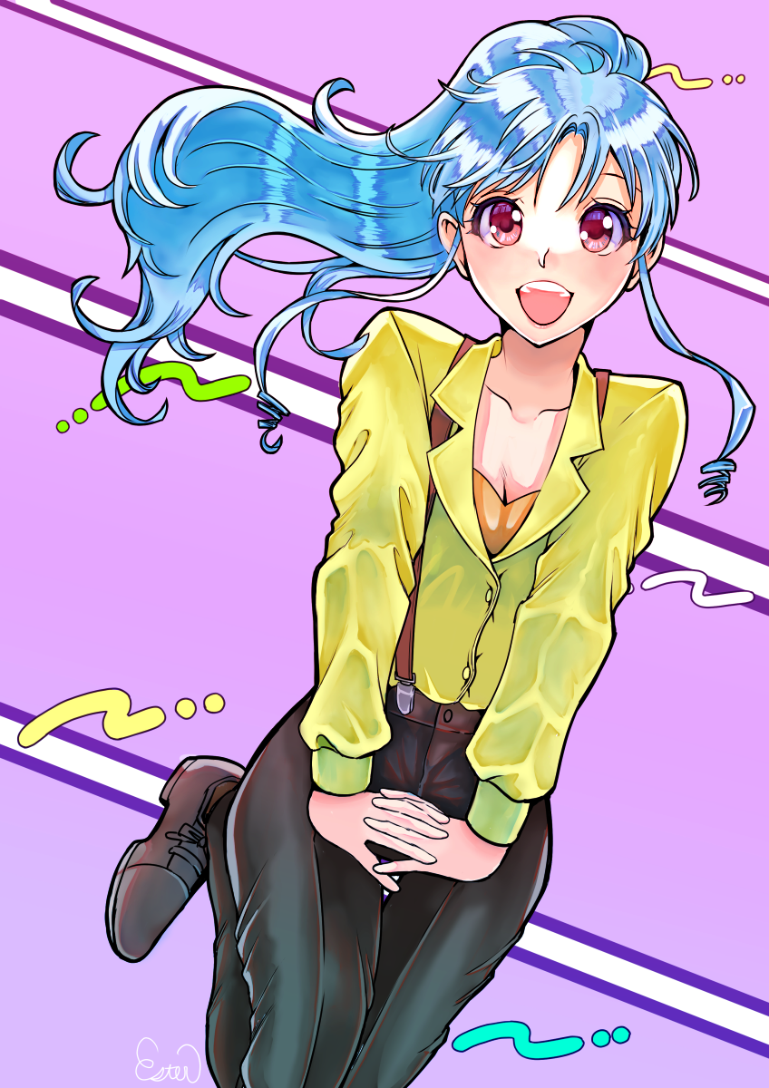 1girl, blue_hair, botan_(yu_yu_hakusho), breasts, cleavage, collarbone, high_ponytail, highres, long_hair, long_sleeves, looking_at_viewer, medium_breasts, open_mouth, pants, polypolyeses, ponytail, purple_background, red_eyes, signature, small_breasts, solo, suspenders, yuu_yuu_hakusho