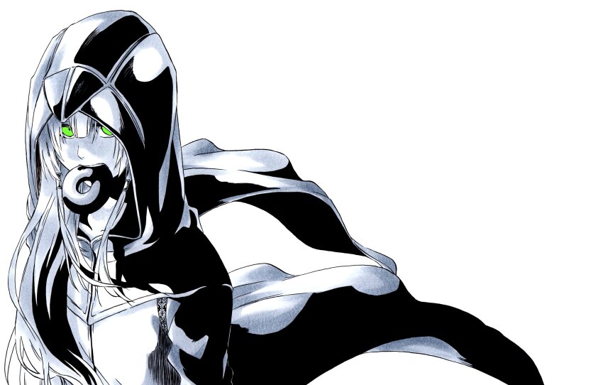 1girl, absurdres, cottage_project, donut, floating_clothes, food, food_in_mouth, green_eyes