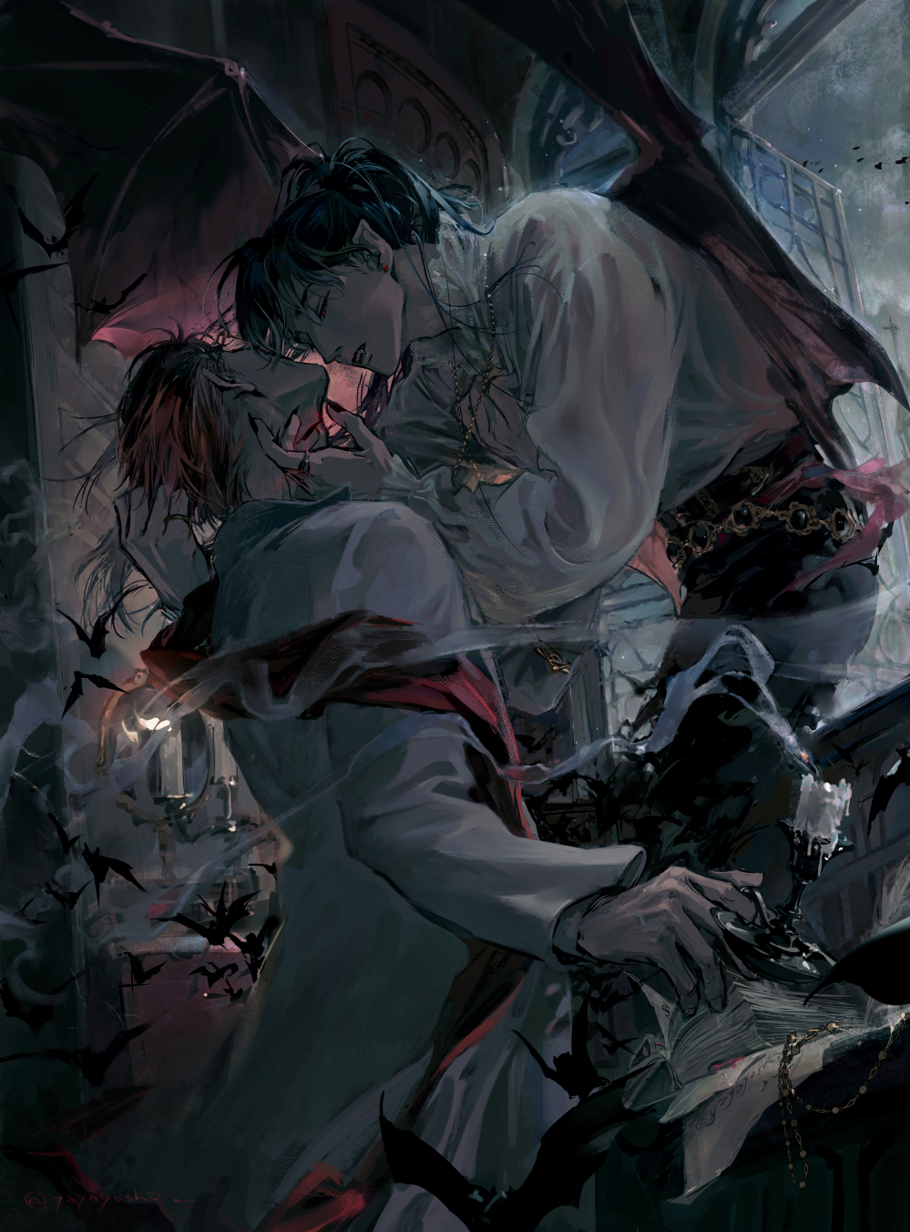 2boys, black_hair, black_nails, black_pants, blood, blue_hair, book, candle