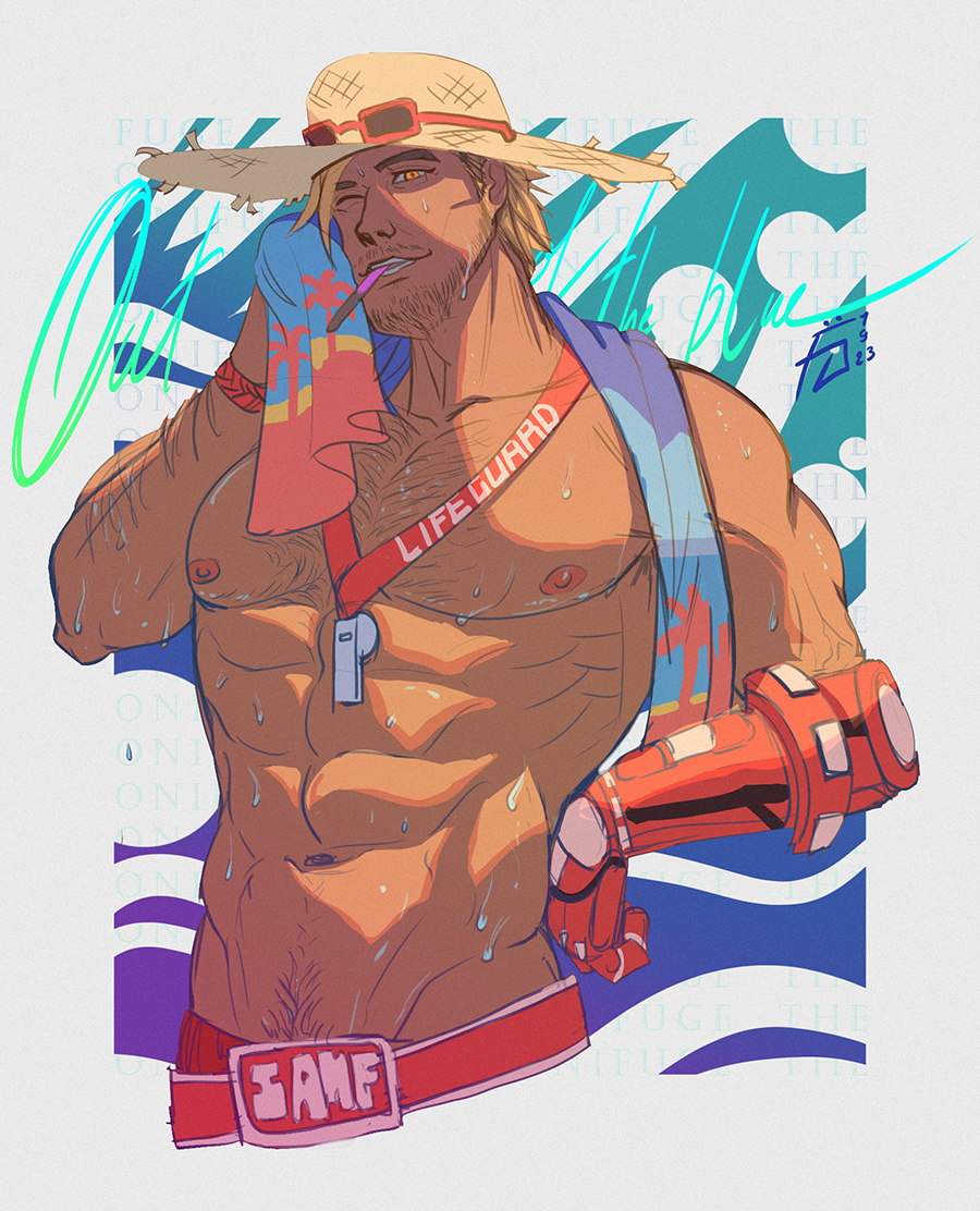 1boy, abs, arm_hair, bara, beard, beard_stubble, brown_hair, cassidy_(overwatch)