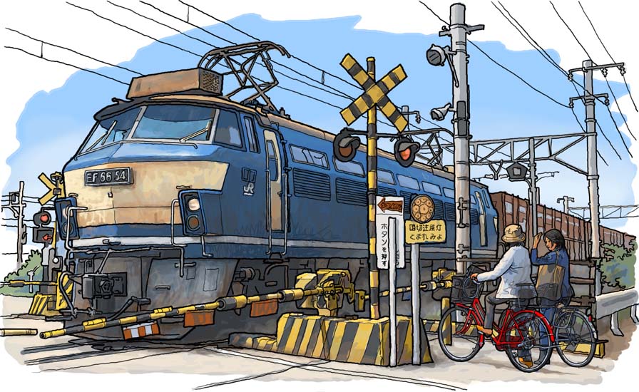 2girls, bag, bicycle, black_hair, blue_sky, bucket_hat, class_ef66, commentary_request