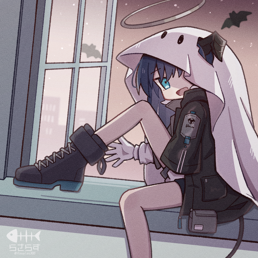 1girl, :d, arknights, bat_(animal), black_hair, black_shorts, blue_eyes, blue_hair, boots, demon_horns, demon_tail, foot_out_of_frame, from_side, ghost_costume, gloves, halo, horns, horns_through_hood, jacket, lace-up_boots, long_sleeves, looking_at_viewer, mostima_(arknights), one_eye_covered, open_clothes, open_jacket, open_mouth, rasarasu, shorts, smile, solo, tail, white_gloves, window, windowsill