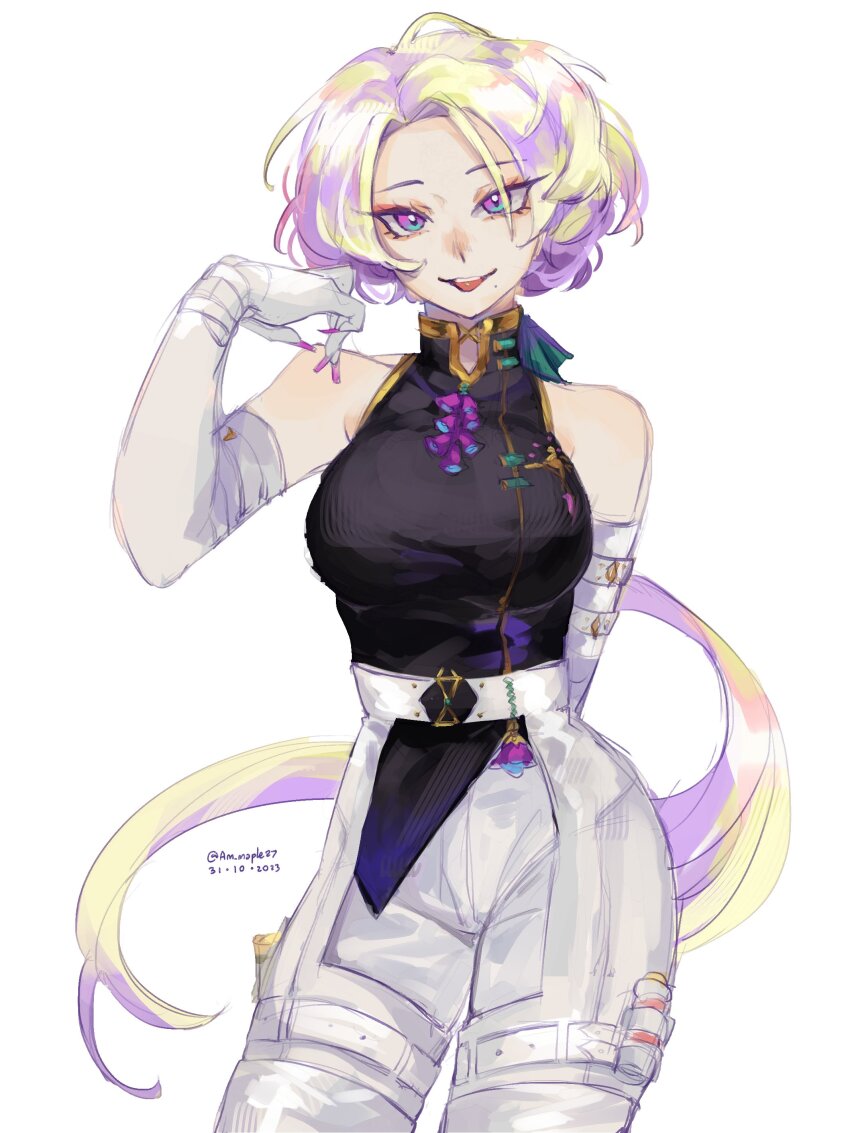 1girl, absurdres, am_(maple27), bare_shoulders, blue_eyes, breasts, claude_clawmark, cowboy_shot