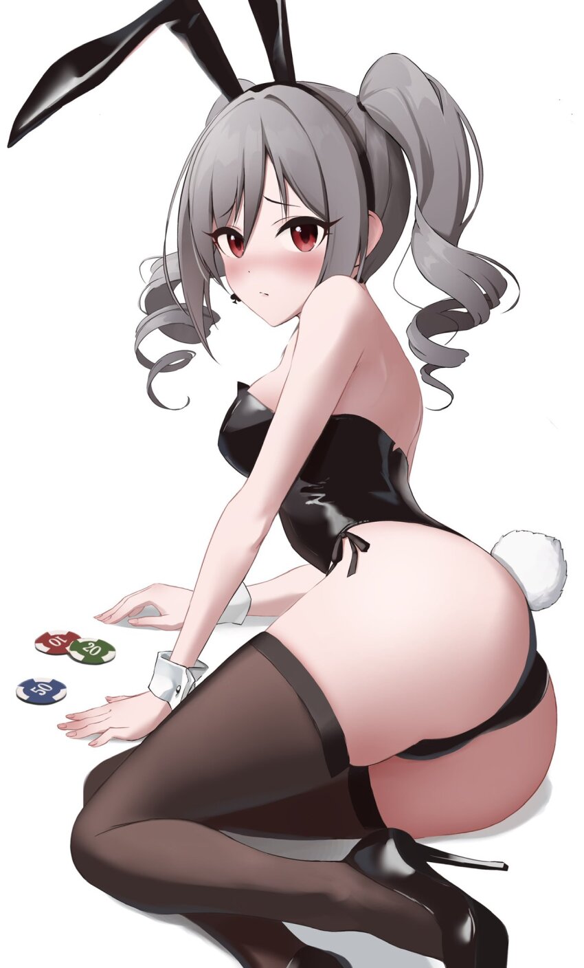 1girl, animal_ears, ass, black_leotard, blush, breasts, drill_hair, earrings, fake_animal_ears, fake_tail, grey_hair, high_heels, highleg, highleg_leotard, highres, idolmaster, idolmaster_cinderella_girls, jewelry, kanzaki_ranko, kono_(116), leotard, medium_breasts, playboy_bunny, poker_chip, pumps, rabbit_ears, rabbit_tail, red_eyes, shoes, solo, spade_(shape), stiletto_heels, strapless, strapless_leotard, tail, thighhighs, thighs, twin_drills, twintails, wrist_cuffs