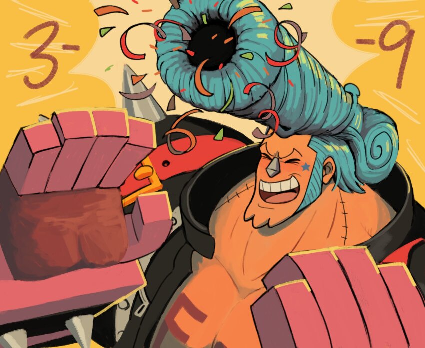 >_<, 1boy, :d, blue_hair, blush, cannon, cannon_hair, celebration