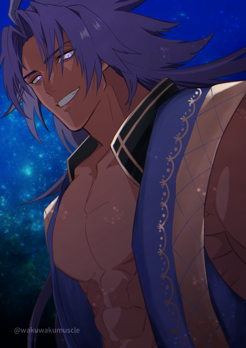 1boy, abs, bara, bare_pectorals, bhima_(fate), dark-skinned_male, dark_skin, fate/grand_order