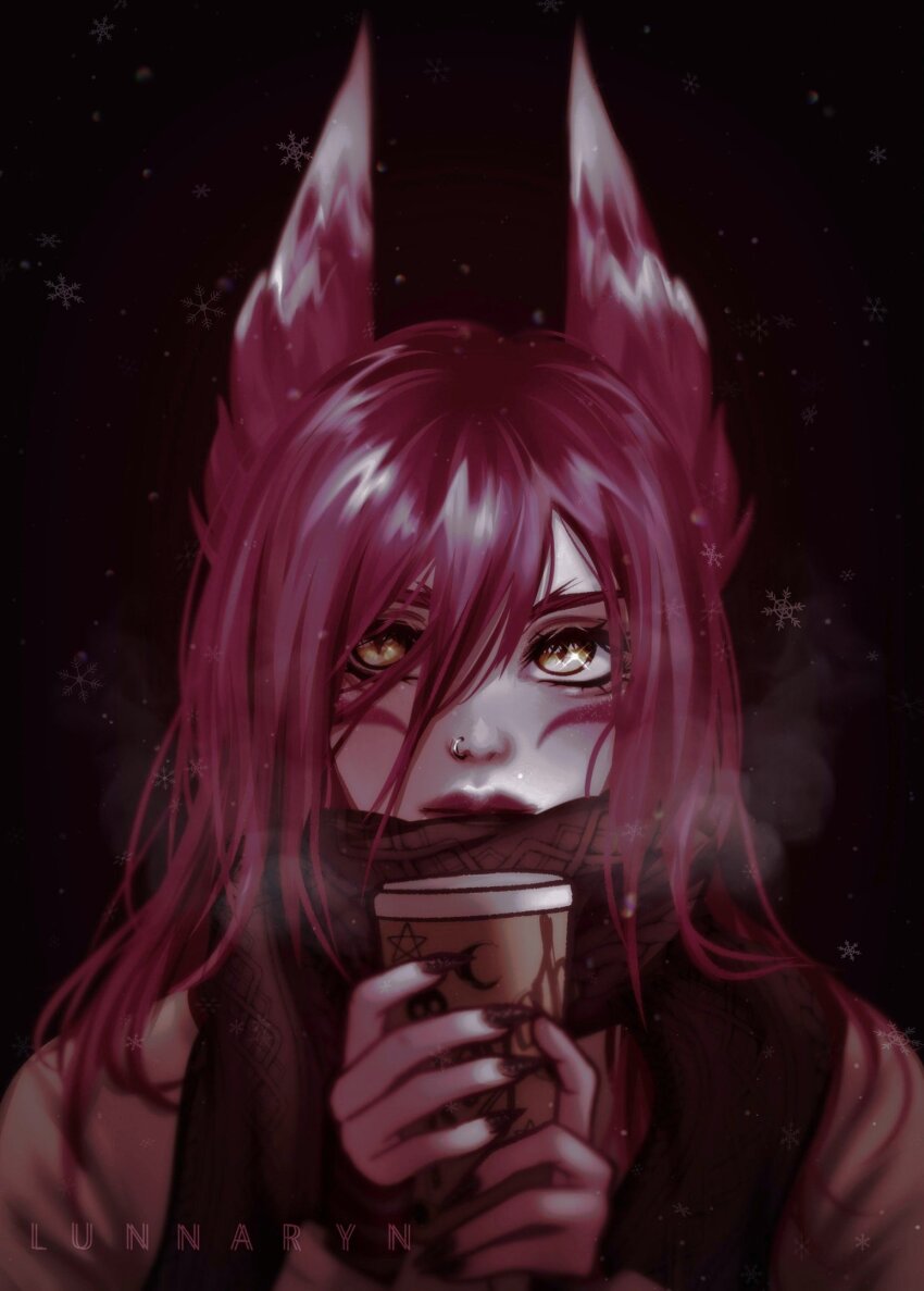 1girl, animal_ears, black_nails, breath, coffee, face_piercing, facial_mark, highres