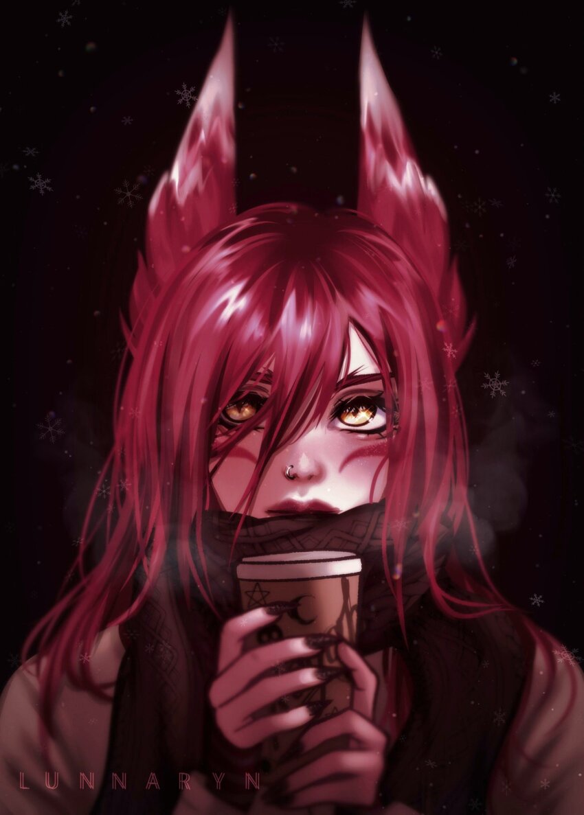 1girl, animal_ears, black_nails, breath, coffee, face_piercing, facial_mark, highres, jewelry, league_of_legends, long_hair, lunnaryn, nail_polish, nose_piercing, nose_ring, piercing, red_hair, scarf, snowflakes, watermark, winter, xayah
